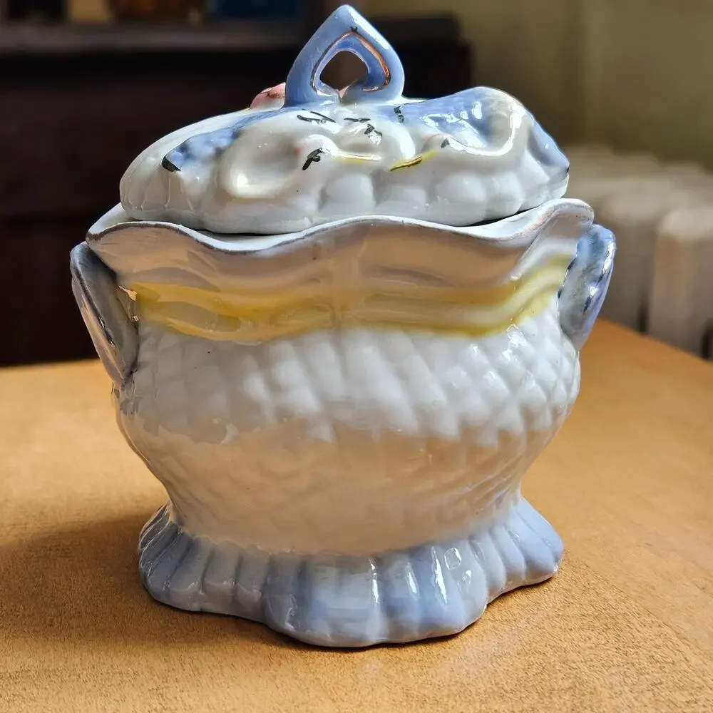 Vintage Porcelain Crane Trinket Box | 1970s Pastel Blue Lidded Dish